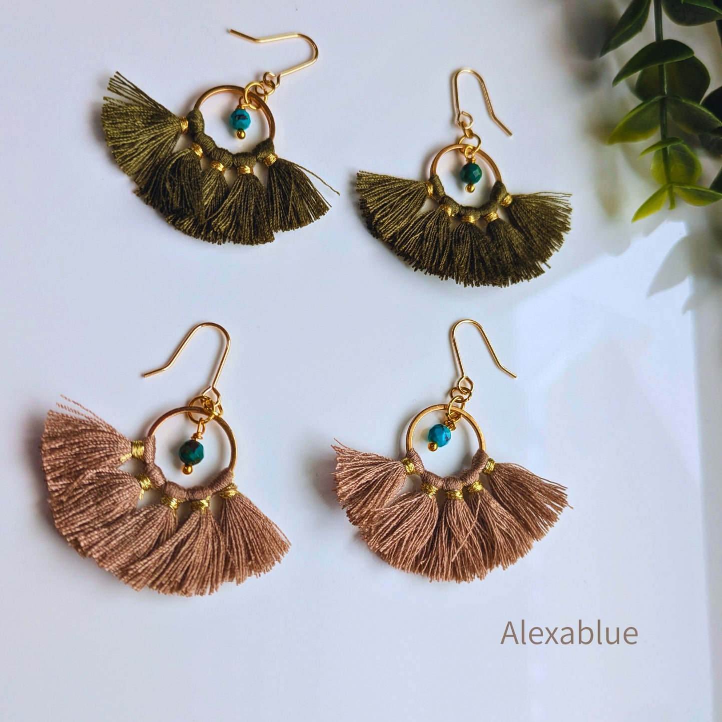 Turquoise Tassel Earrings | Military Green & Beige | December Birthstone Earrings