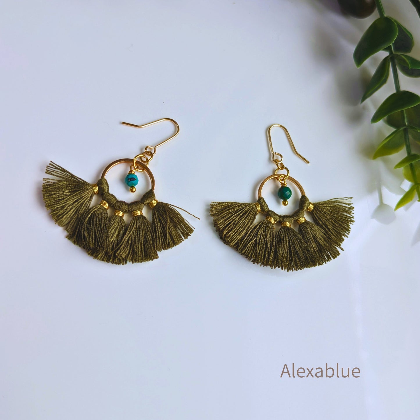 Turquoise Tassel Earrings | Military Green & Beige | December Birthstone Earrings