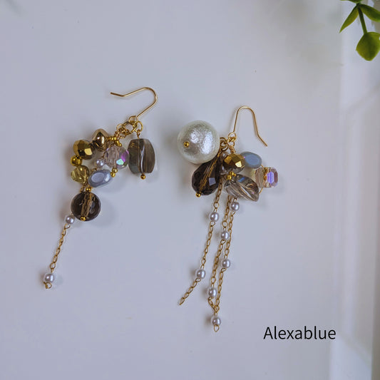 Asymmetry Shine | Elegant Cotton Pearl and Smoky Quartz Earrings | Perfect for Weddings and Parties