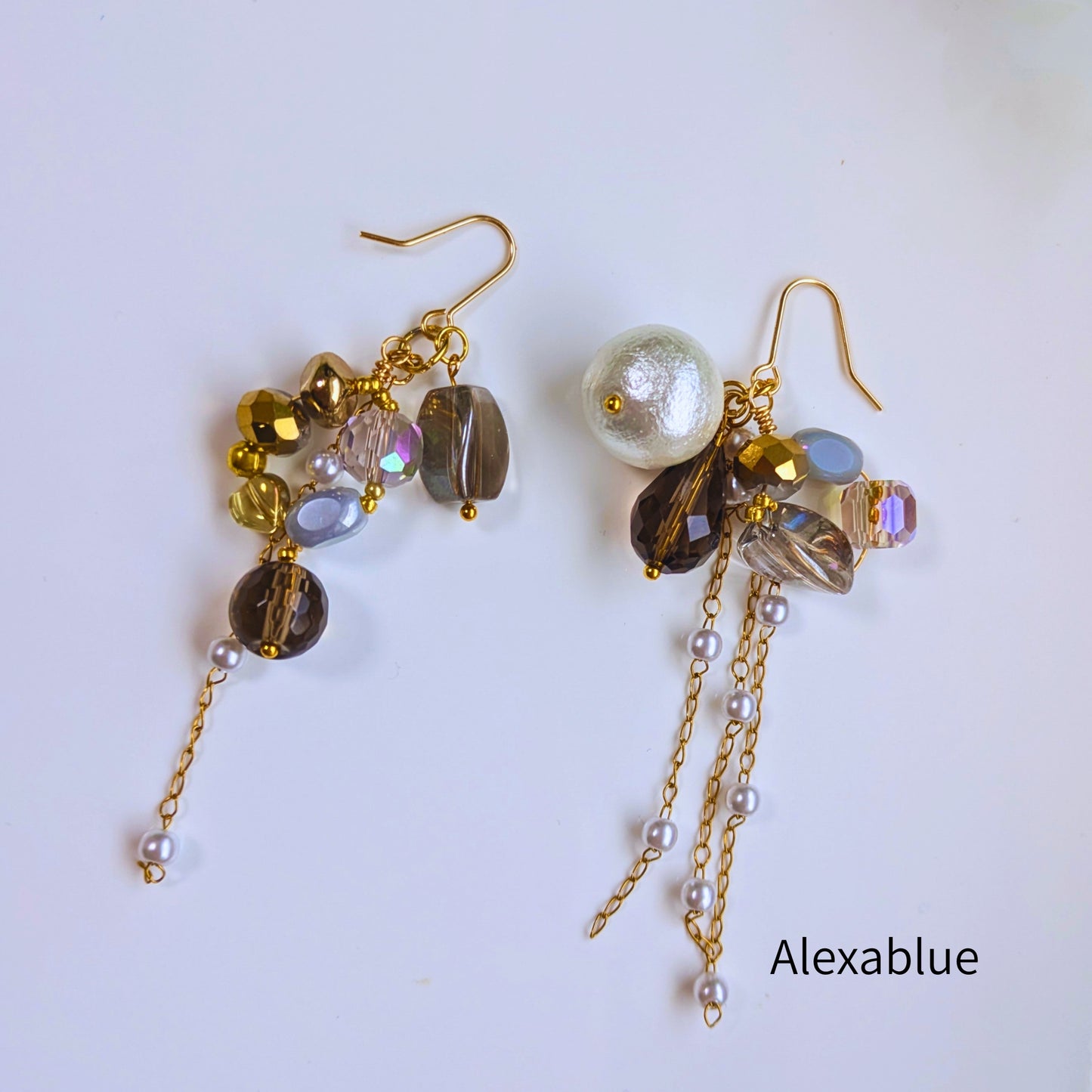 Asymmetry Shine | Elegant Cotton Pearl and Smoky Quartz Earrings | Perfect for Weddings and Parties