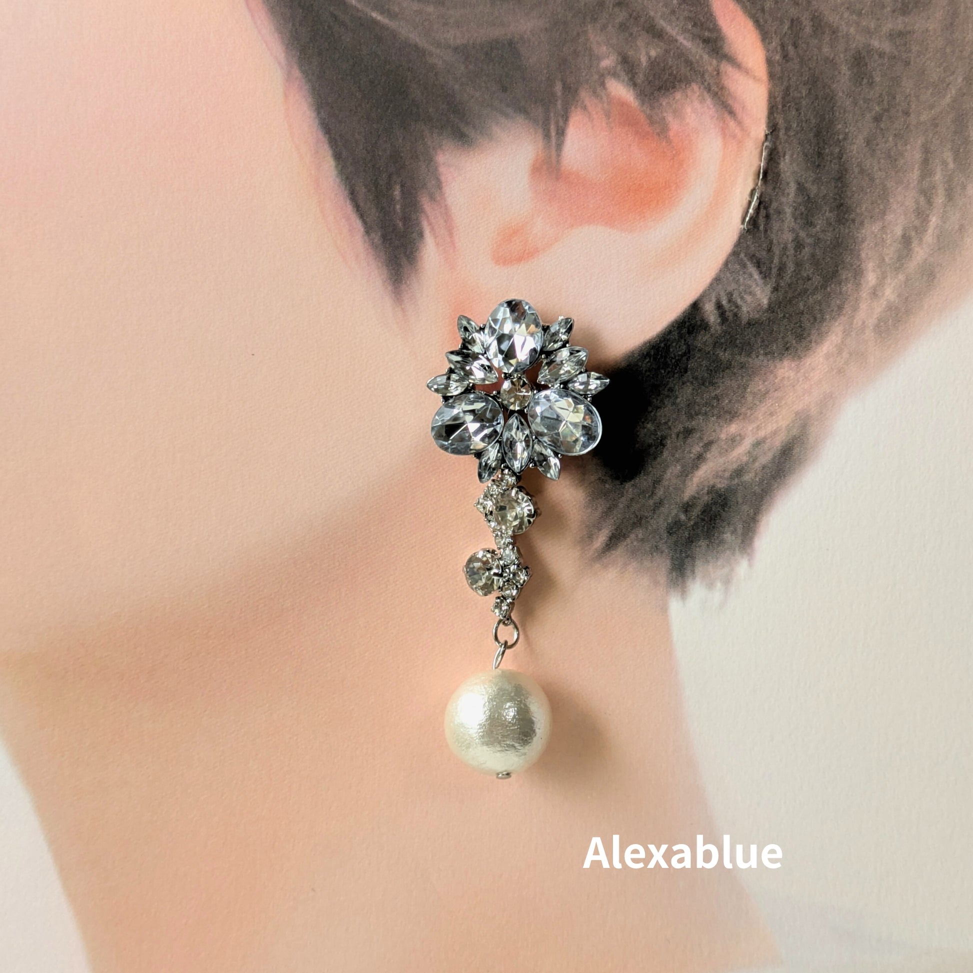 Flower bijou and cotton pearl 2way earrings worn for wedding or party styling｜フラワービジュー×コットンパール2wayピアス 着用イメージ