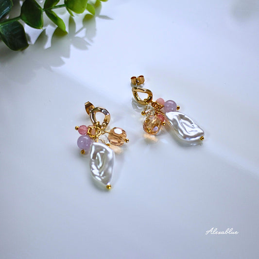 Natural stone pastel mix earrings - Lavender amethyst, strawberry quartz, coral (February/March birthstones)