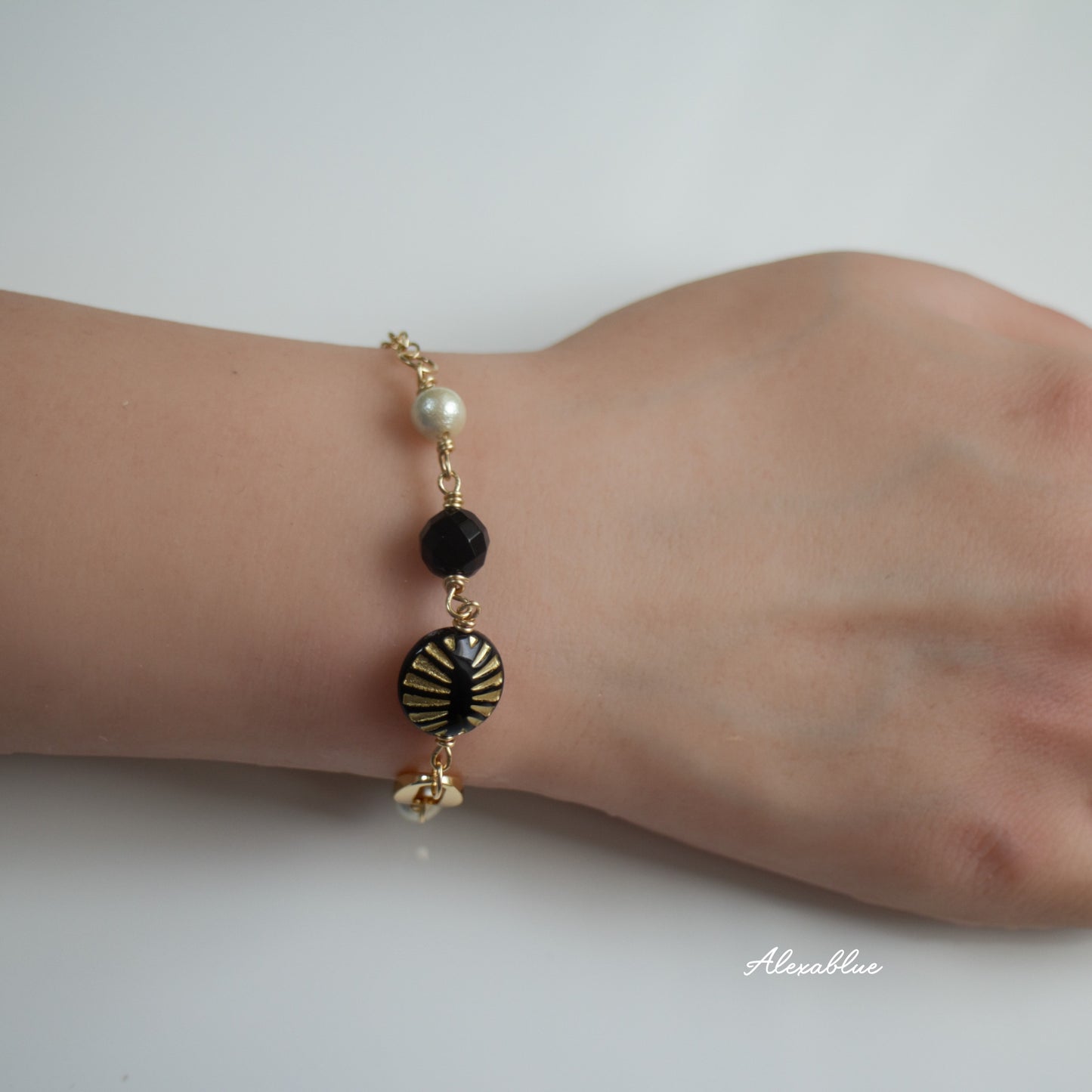 Cotton Pearl & Onyx Bracelet K14GF Gemstone Bracelet August Birthstone