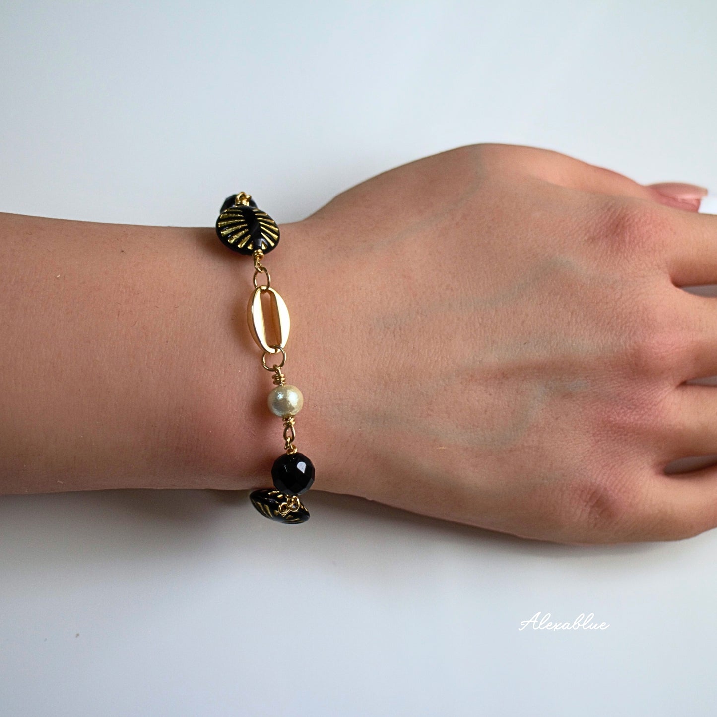 Cotton Pearl & Onyx Bracelet K14GF Gemstone Bracelet August Birthstone