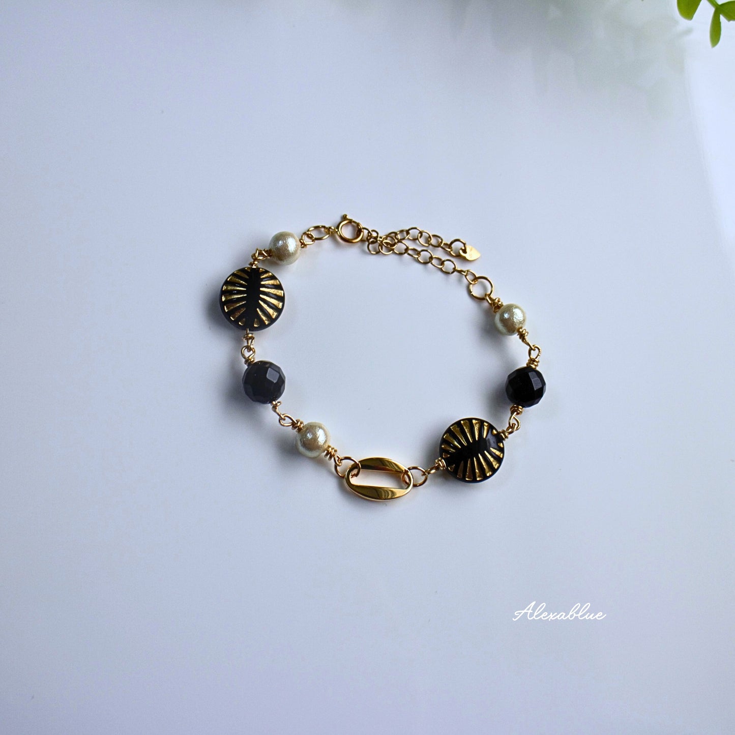 Cotton Pearl & Onyx Bracelet K14GF Gemstone Bracelet August Birthstone