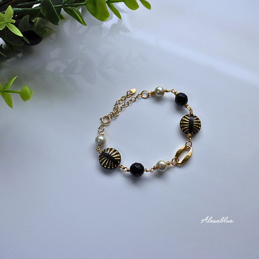 Cotton Pearl & Onyx Bracelet K14GF Gemstone Bracelet August Birthstone