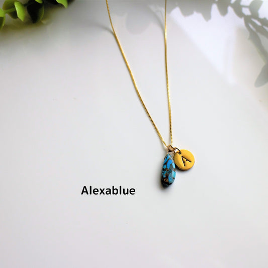 Blue Copper Turquoise Initial Charm K14GF Necklace December Birthstone