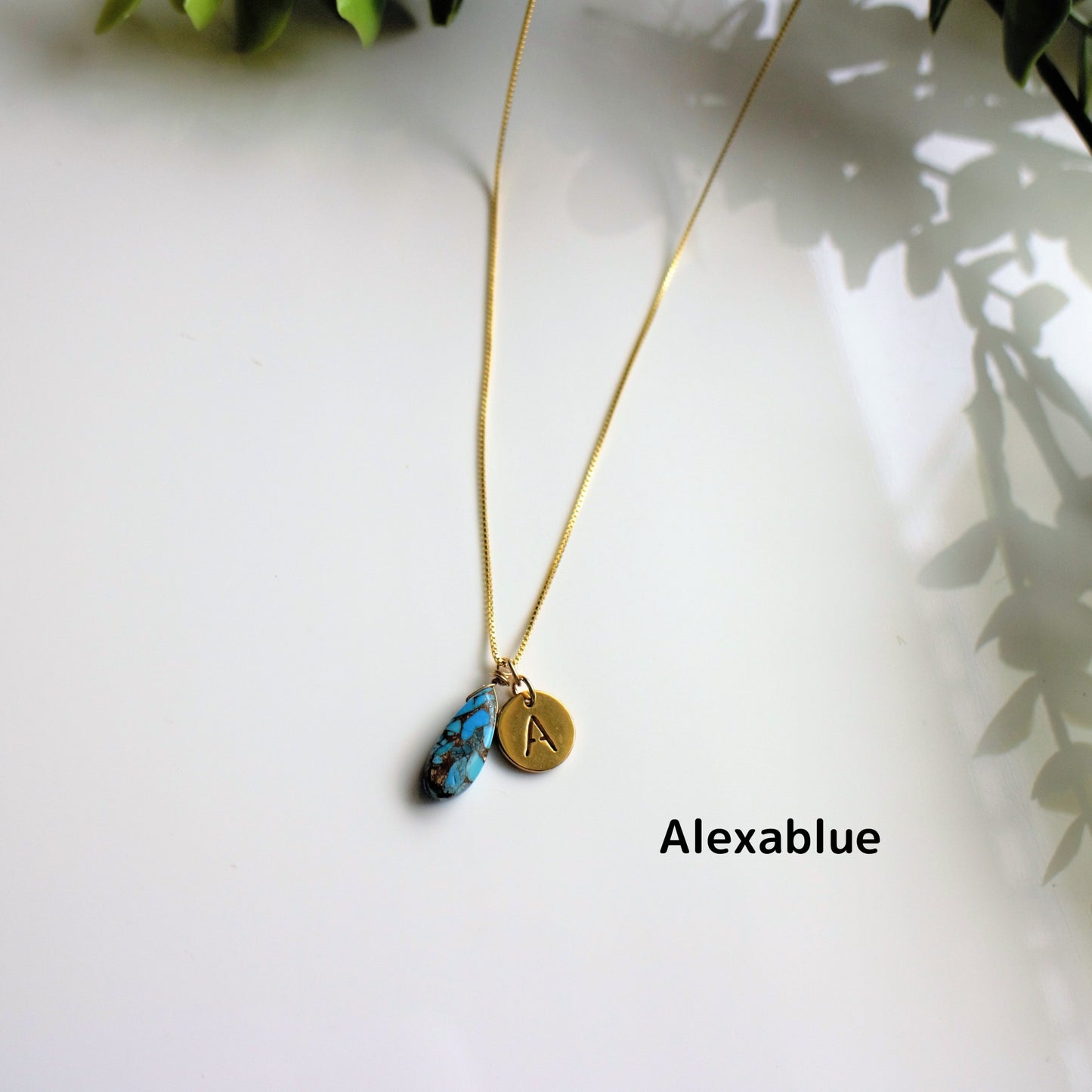 Blue Copper Turquoise Initial Charm K14GF Necklace December Birthstone