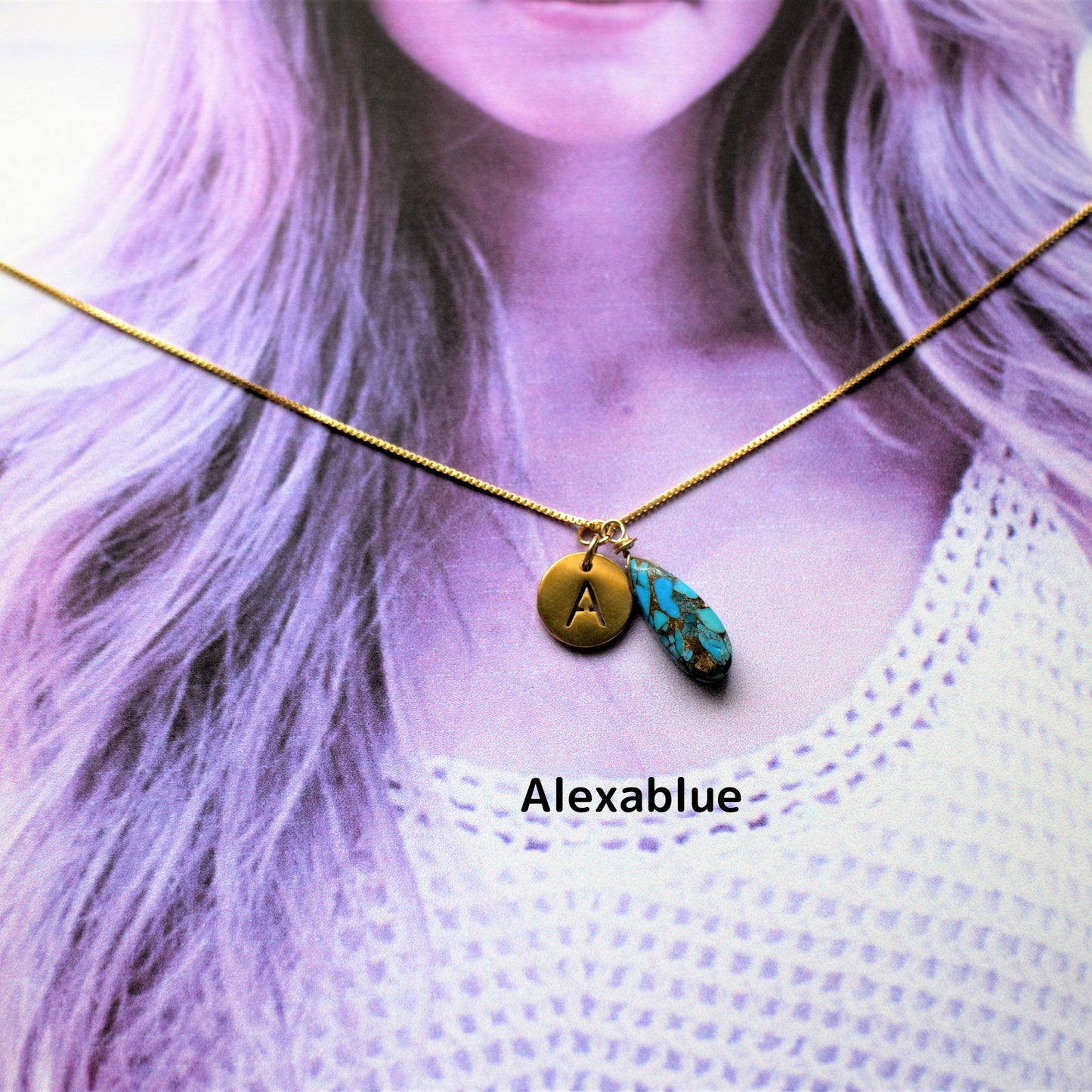 Blue Copper Turquoise Initial Charm K14GF Necklace December Birthstone