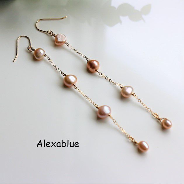 【K14GF】ベビーピンク淡水パールのロングピアス / 14金ゴールドフィルド・スキンジュエリー・きれいめ・モード・Baby Pink Freshwater Pearl Earrings・ギフト