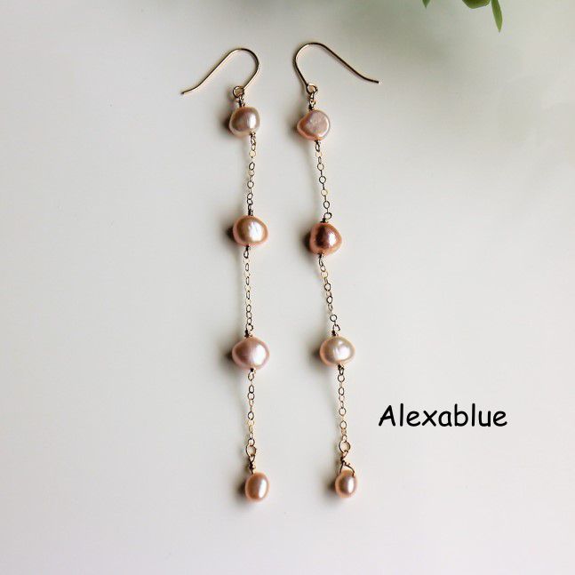 【K14GF】ベビーピンク淡水パールのロングピアス / 14金ゴールドフィルド・スキンジュエリー・きれいめ・モード・Baby Pink Freshwater Pearl Earrings・ギフト