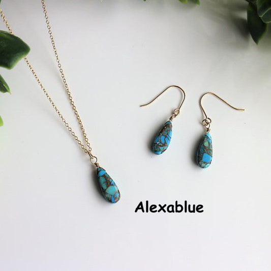 Blue Copper Turquoise Earrings & Necklace Set K14GF December Birthstone Blue Copper turquoise earrings ＆necklace Set
