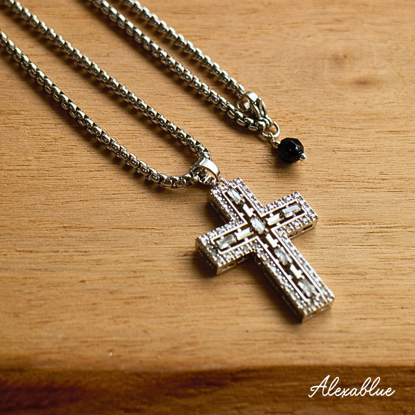 Unisex Onyx Rhinestone Cross Necklace, Natural Stone Necklace, August Birthstone, Amulet Necklace
