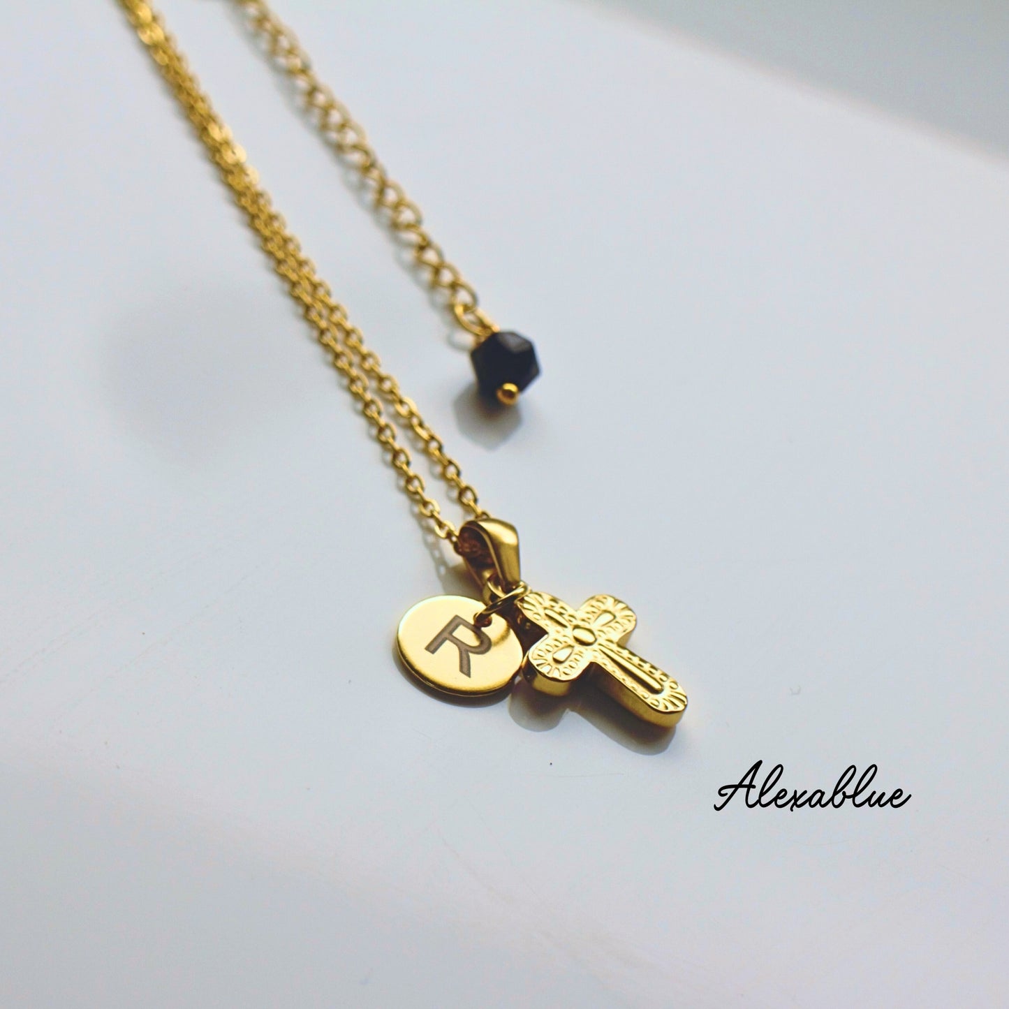 Unisex Small Cross Initial Necklace with Onyx, August Birthstone, Stainless Steel Necklace, Matching Pair Necklace