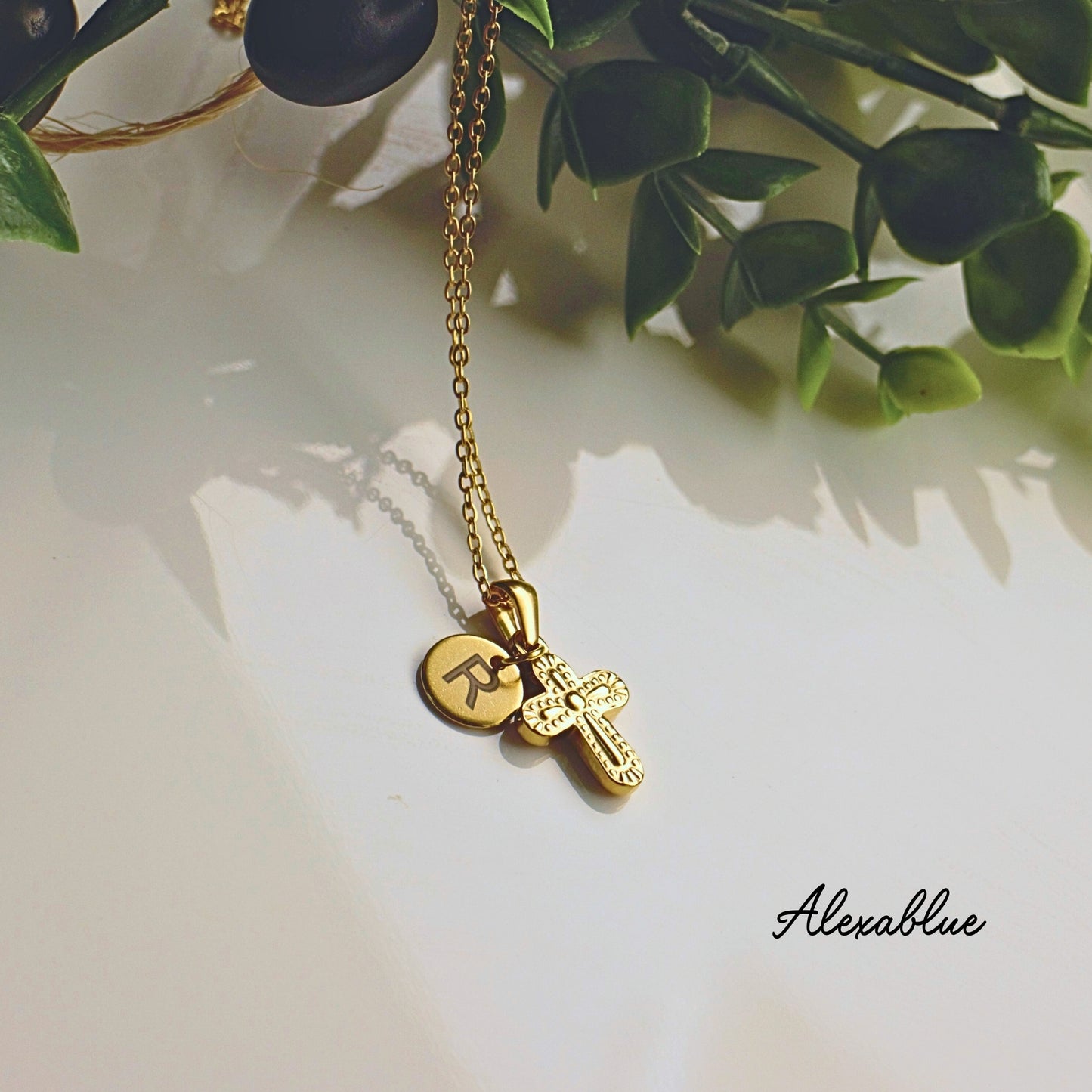 Unisex Small Cross Initial Necklace with Onyx, August Birthstone, Stainless Steel Necklace, Matching Pair Necklace