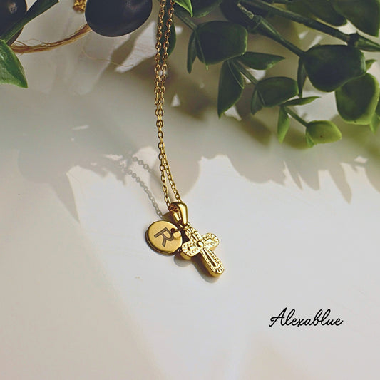 Unisex Small Cross Initial Necklace with Onyx, August Birthstone, Stainless Steel Necklace, Matching Pair Necklace