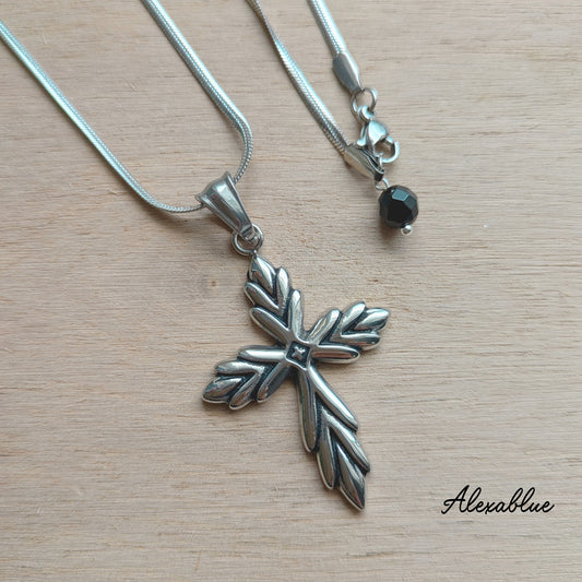 Cross Necklace with Onyx Charm (Unisex)