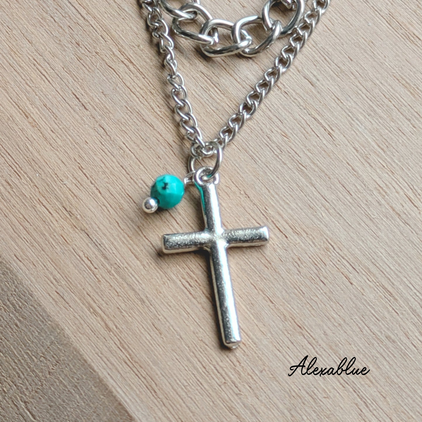 Turquoise Double Cross Necklace, December Birthstone, Unisex Accessory
