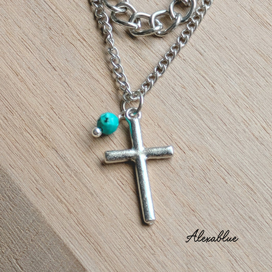 Turquoise Double Cross Necklace, December Birthstone, Unisex Accessory