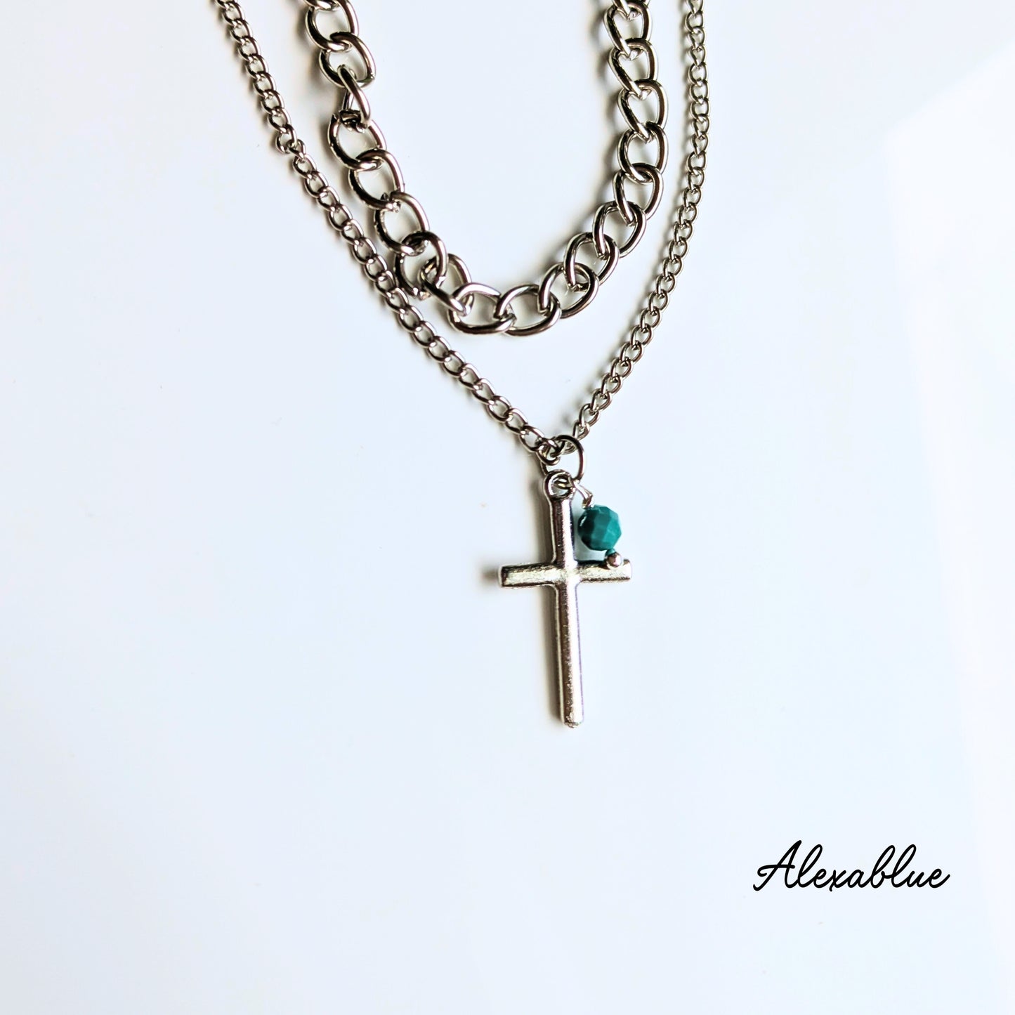 Turquoise Double Cross Necklace, December Birthstone, Unisex Accessory
