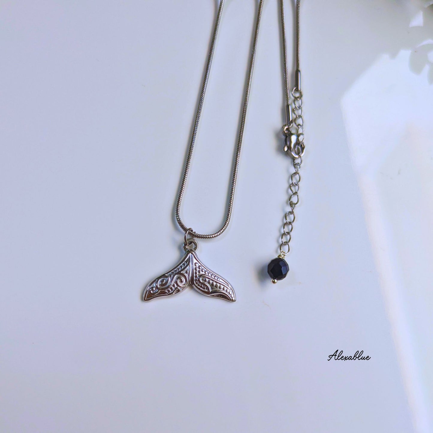 [Oceanic] Whale Tail x Onyx Stainless Steel Long Necklace | Unisex