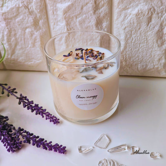 White Sage & Lavender Crystal Quartz Aroma Soy Candle (M Size) Gemstone Candle Botanical Candle