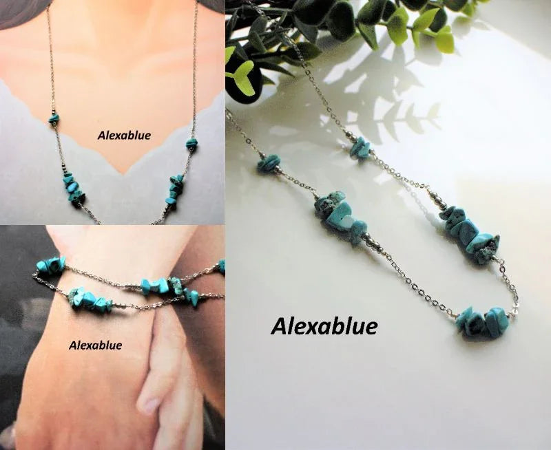 Turquoise natural stone necklace with silver chain, displayed on neck, wrist, and table.