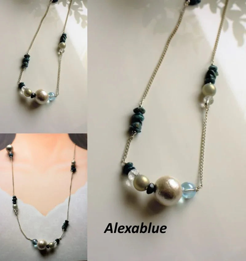 Natural stone necklace with pearls, blue and black beads on a silver chain, elegant design