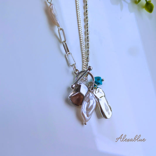 AuroraBlue Harmony | Turquoise x Baroque Pearl Beads Asymmetrical Necklace