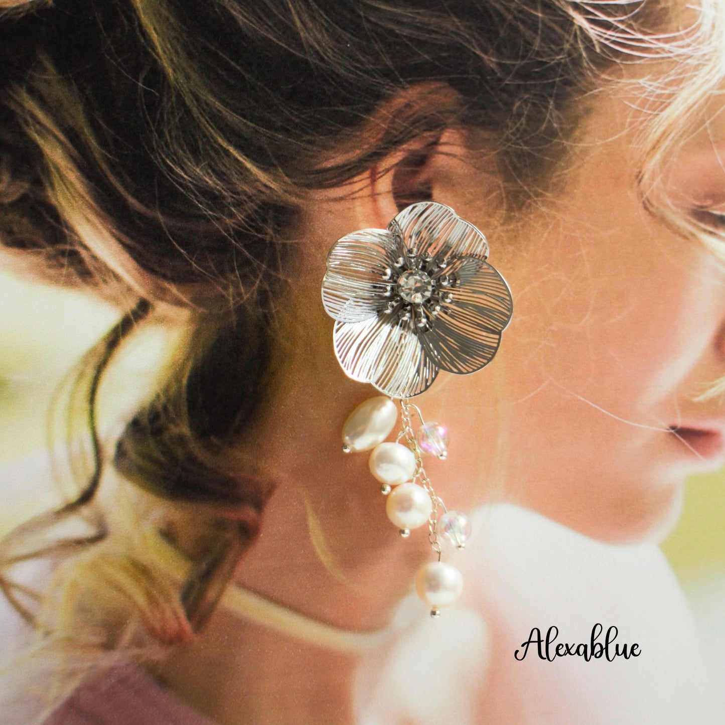 Asymmetrical Big Flower Pearl Earrings Wedding Accessories Party Accessories