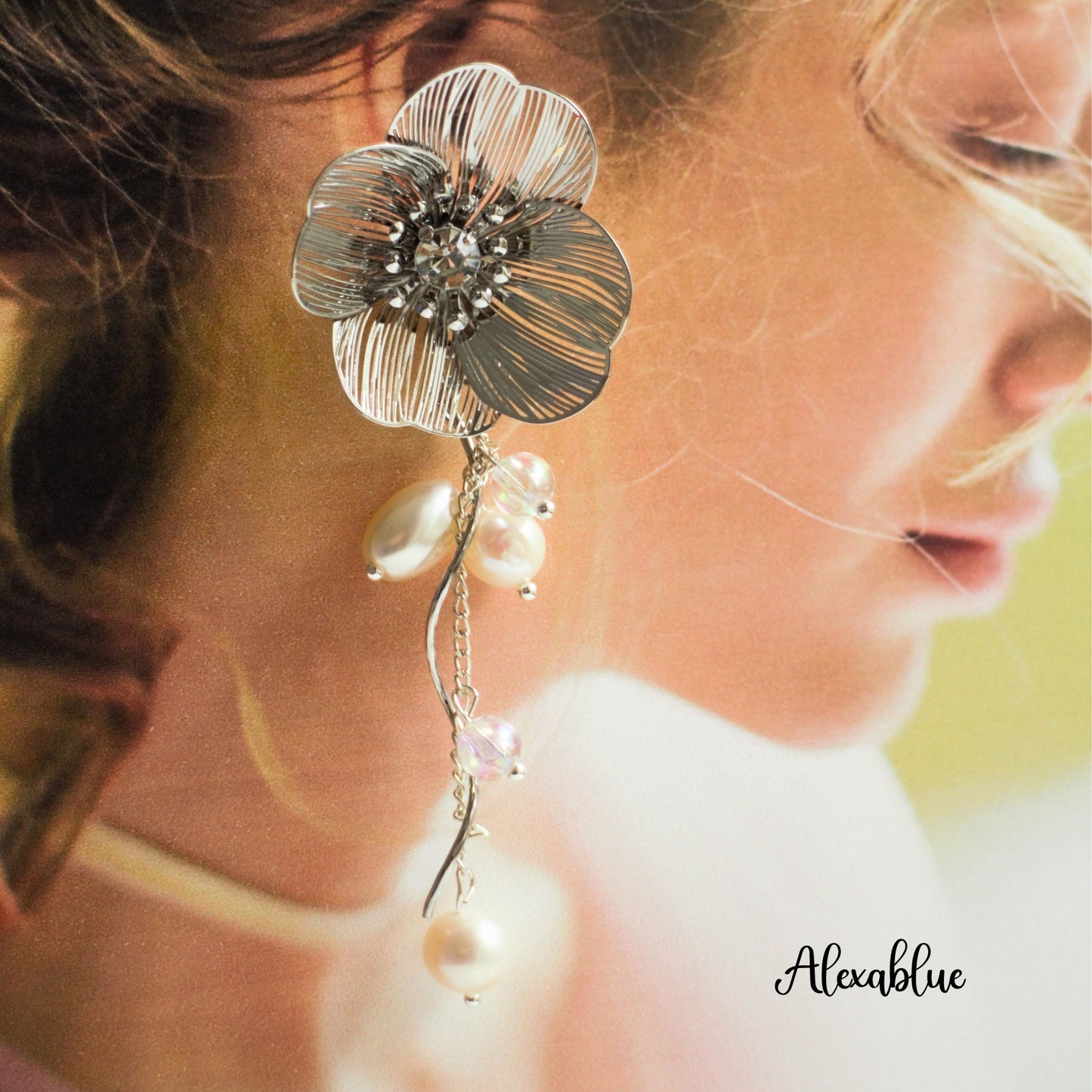 Asymmetrical Big Flower Pearl Earrings Wedding Accessories Party Accessories