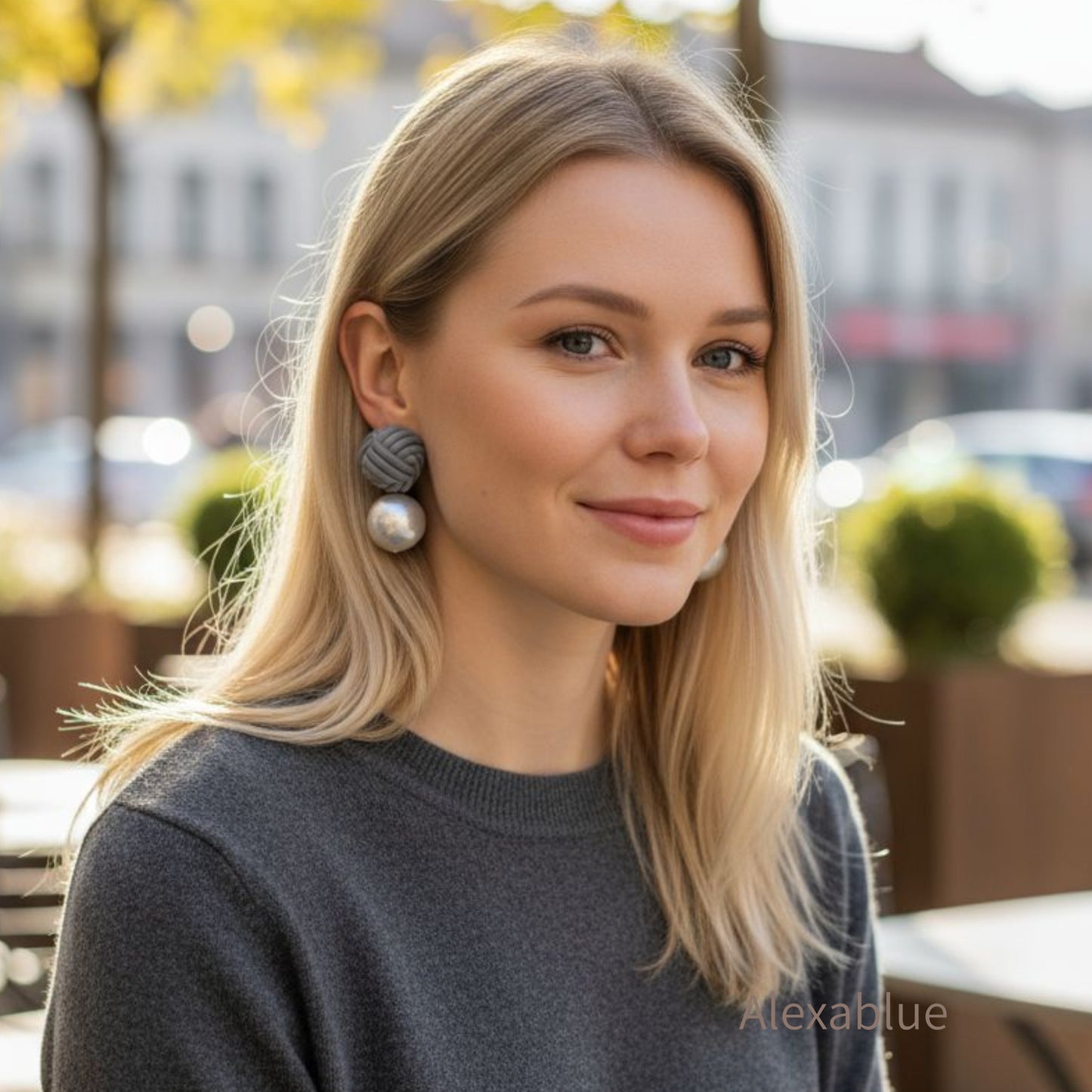 Woven Design Gray Cabochon x Cotton Pearl Pierced Earrings | Autumn/Winter Accessories Elegant and Cute Adult Jewelry Handmade