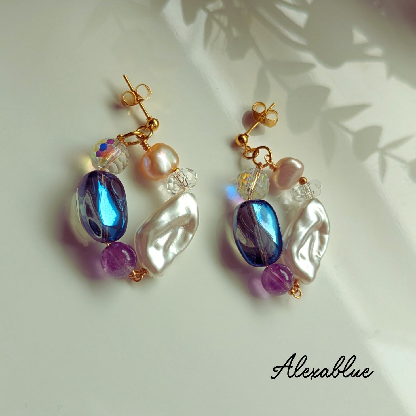 Luna Cascade | Freshwater Pearl × Super Seven × Crystal Hoop Earrings | Surgical Stainless Steel Fittings Allergy-Friendly Adult-Cute Natural Stone Jewelry