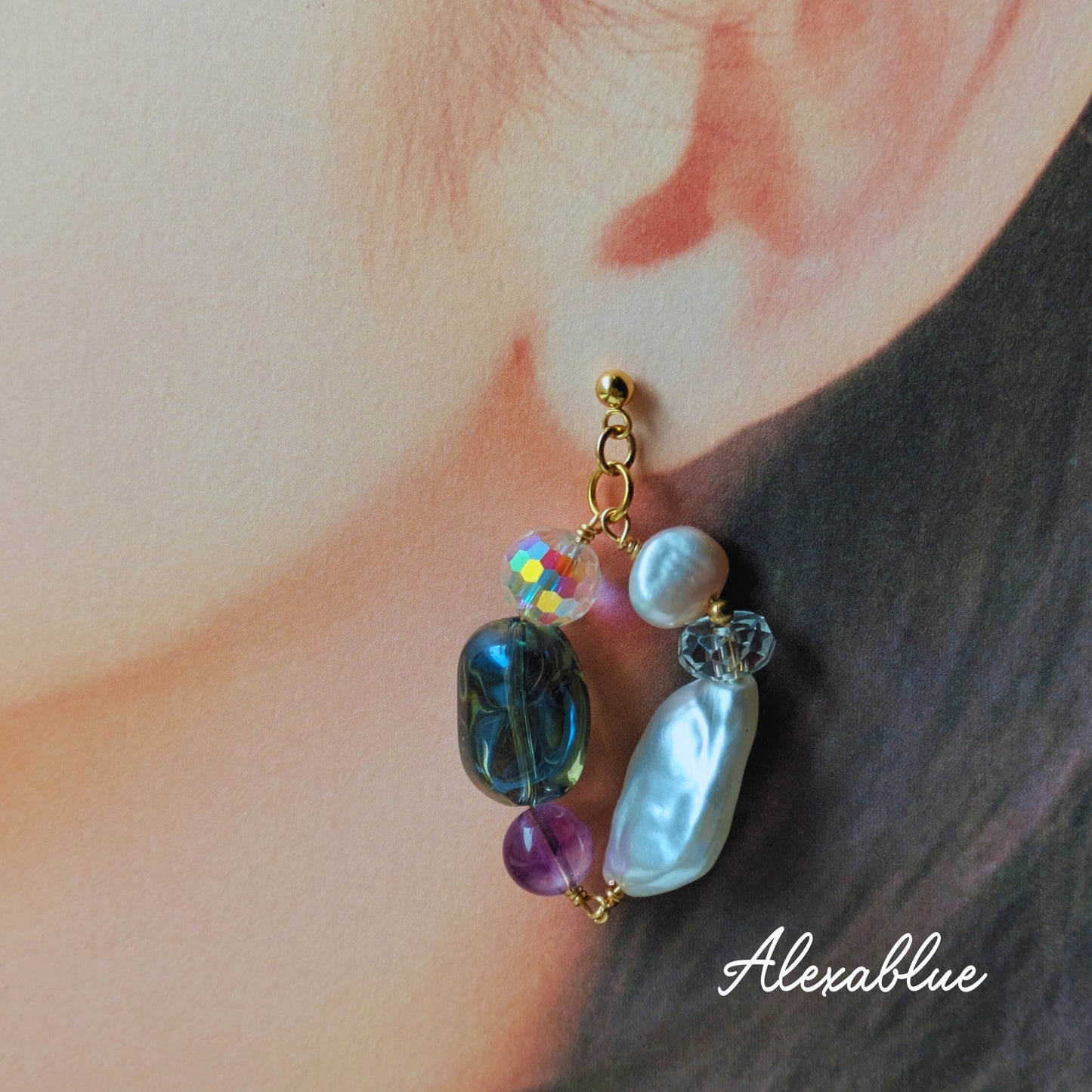 Luna Cascade | Freshwater Pearl × Super Seven × Crystal Hoop Earrings | Surgical Stainless Steel Fittings Allergy-Friendly Adult-Cute Natural Stone Jewelry