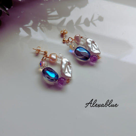Luna Cascade | Freshwater Pearl × Super Seven × Crystal Hoop Earrings | Surgical Stainless Steel Fittings Allergy-Friendly Adult-Cute Natural Stone Jewelry