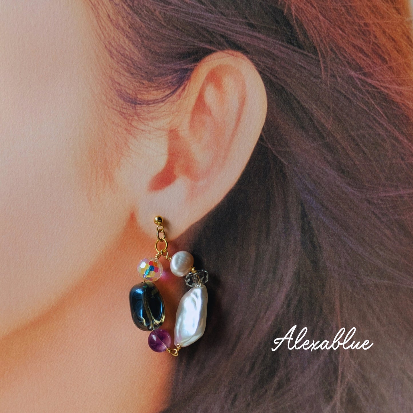 Luna Cascade | Freshwater Pearl × Super Seven × Crystal Hoop Earrings | Surgical Stainless Steel Fittings Allergy-Friendly Adult-Cute Natural Stone Jewelry