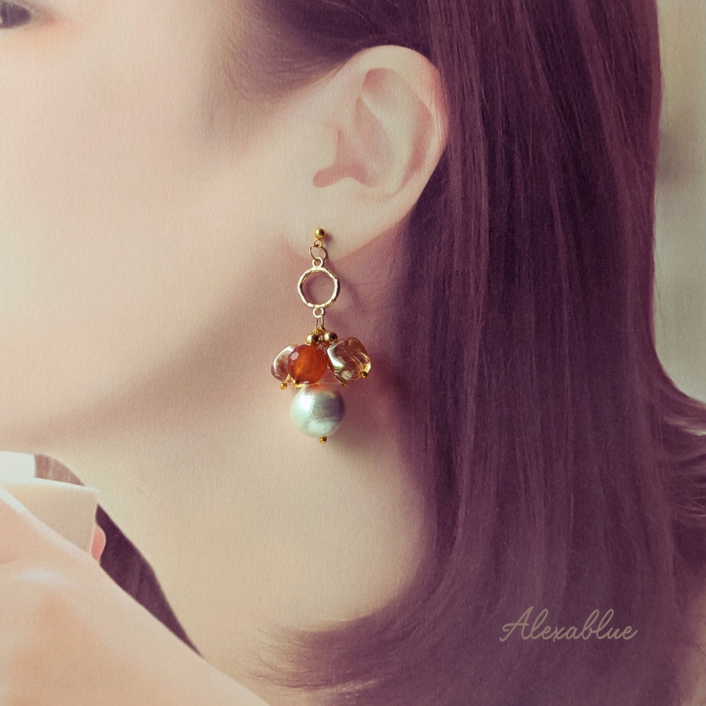 Fall Glow Asymmetrical Earrings with Orange Carnelian and Cotton Pearls | Surgical Stainless Steel | Alexablue Original