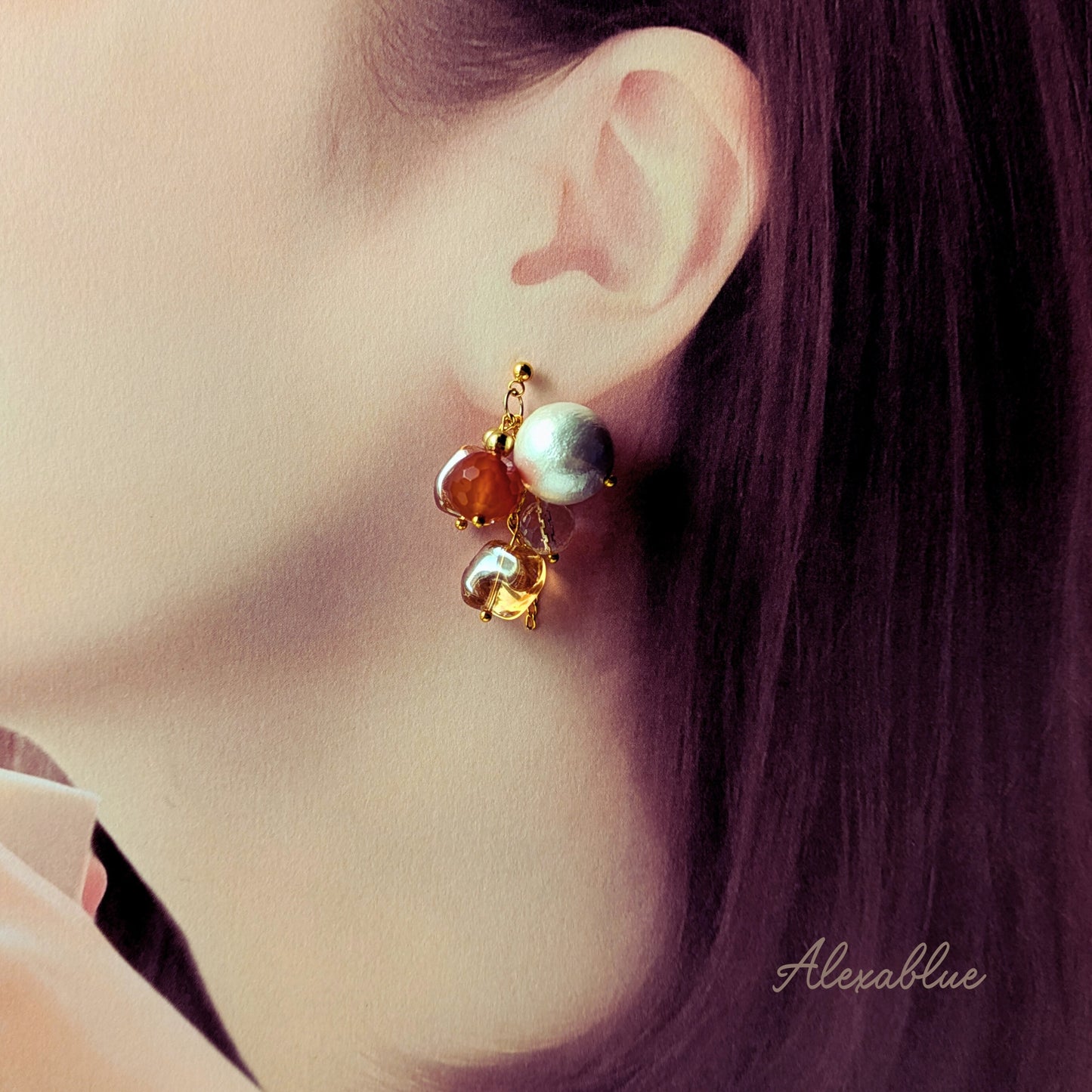 Fall Glow Asymmetrical Earrings with Orange Carnelian and Cotton Pearls | Surgical Stainless Steel | Alexablue Original