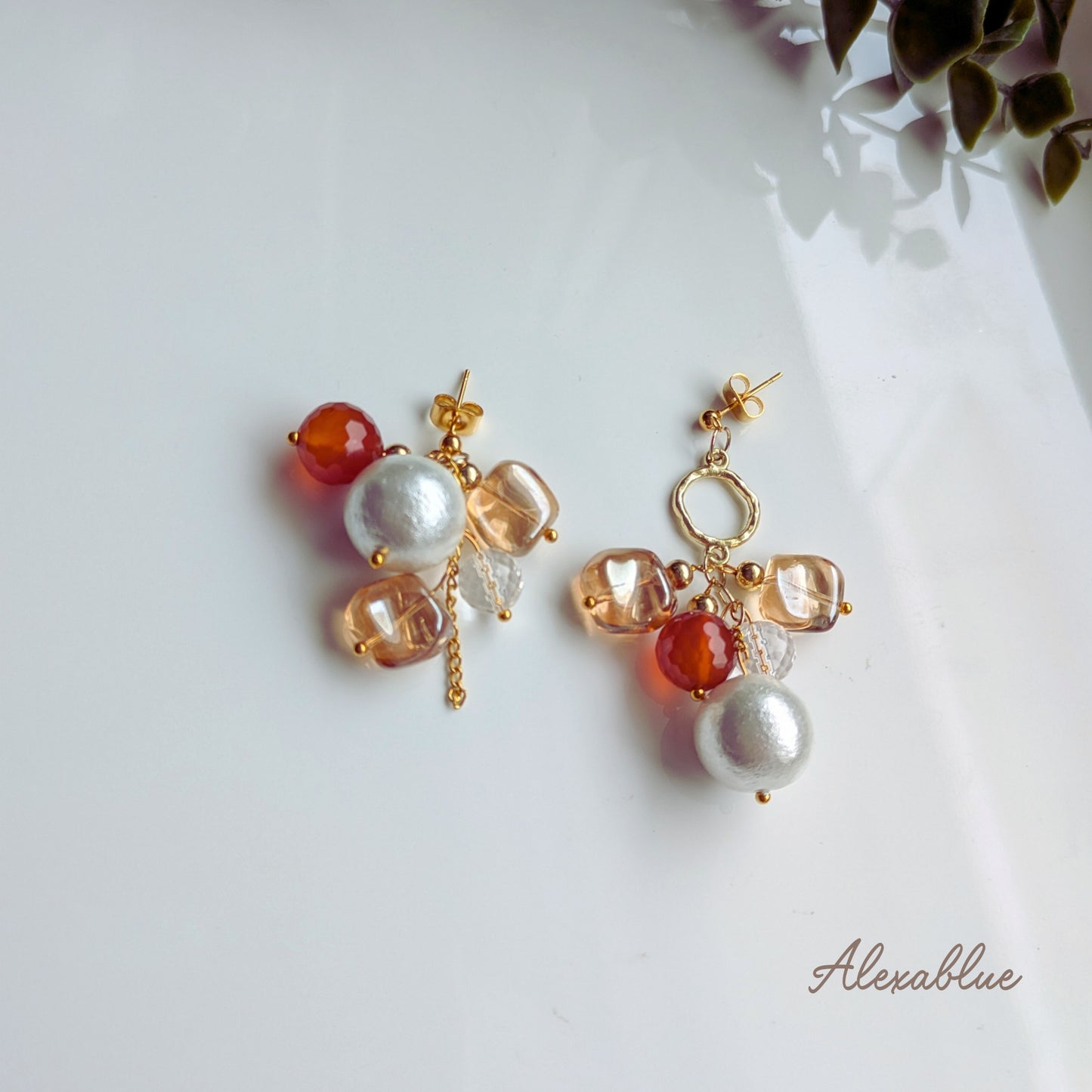 Fall Glow Asymmetrical Earrings with Orange Carnelian and Cotton Pearls | Surgical Stainless Steel | Alexablue Original