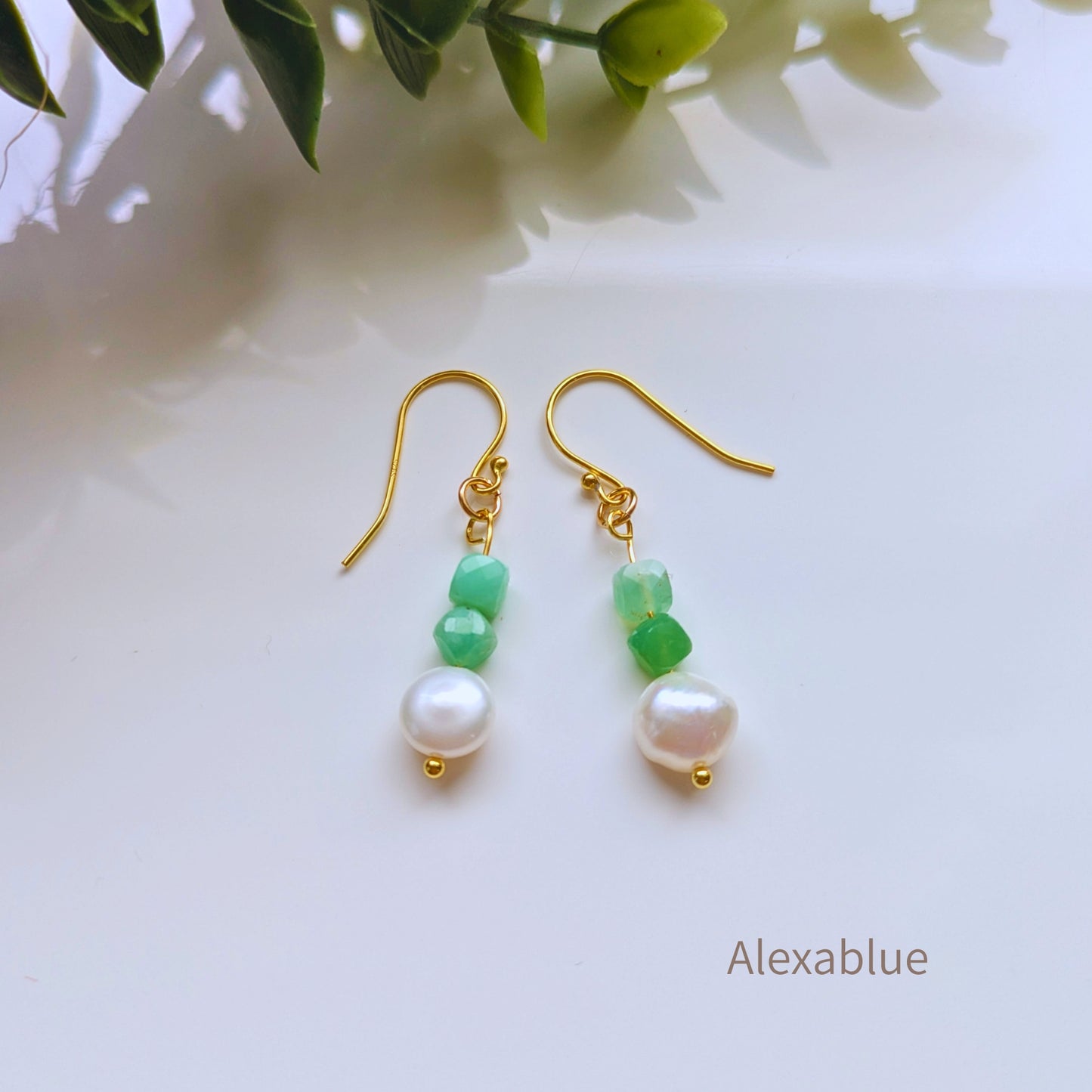 【5月誕生石】S925 Gold Plated クリソプレーズ×淡水パールピアス / Chrysoprase & Freshwater Pearl Earrings
