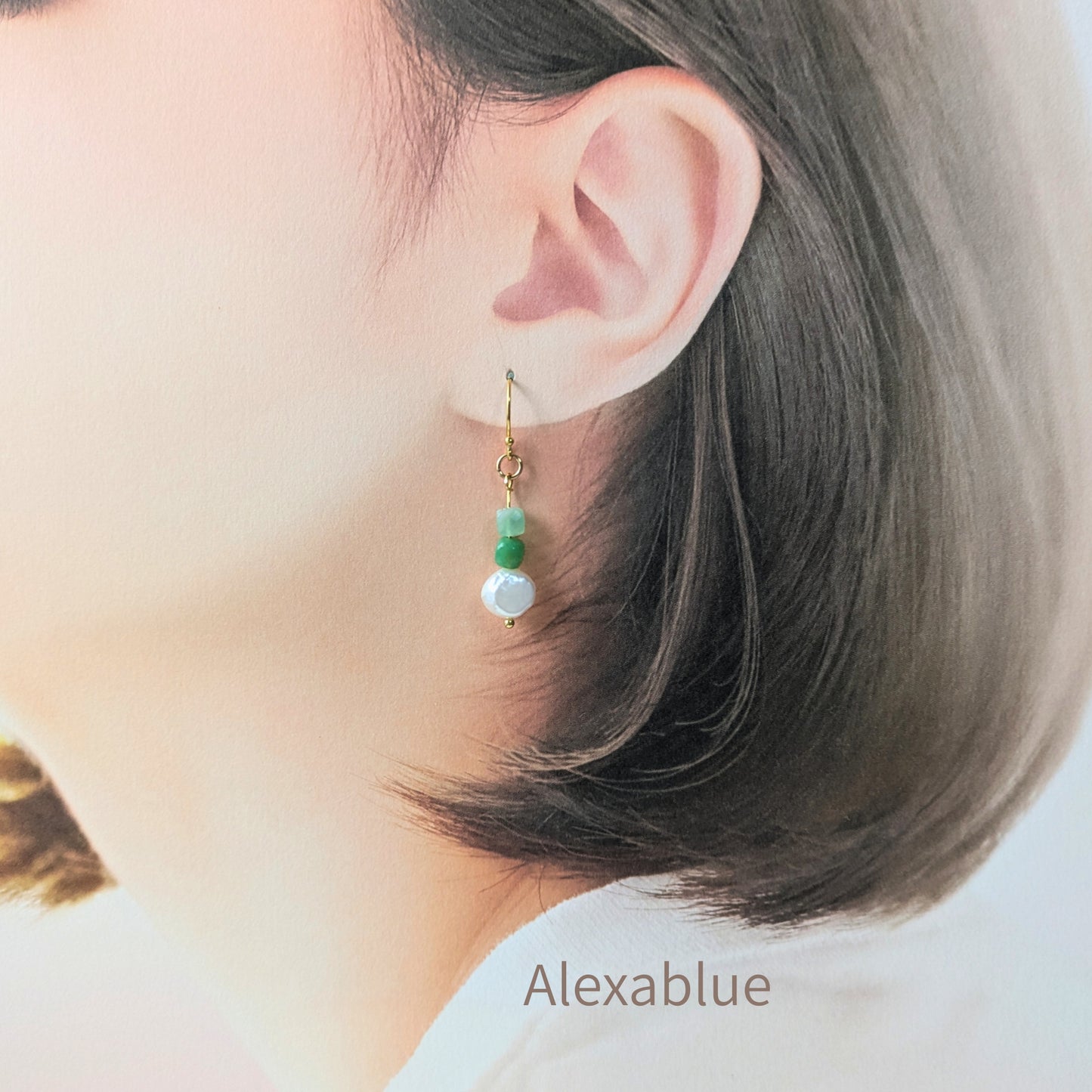 【5月誕生石】S925 Gold Plated クリソプレーズ×淡水パールピアス / Chrysoprase & Freshwater Pearl Earrings