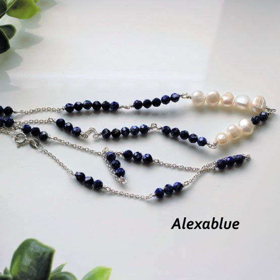 Lapis Lazuli Freshwater Pearl Long Necklace S925 Necklace December Birthstone Lapis Lazuli