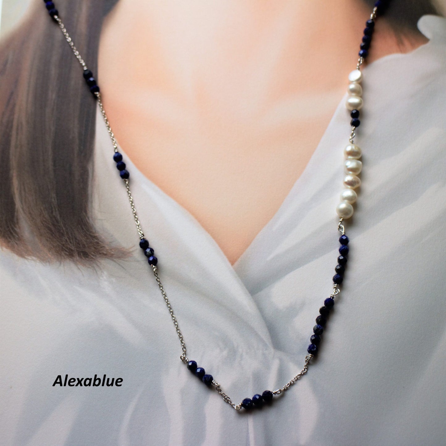Lapis Lazuli Freshwater Pearl Long Necklace S925 Necklace December Birthstone Lapis Lazuli