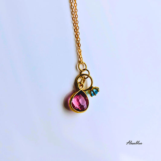 Pink Topaz & Aquamarine Necklace S925 Necklace Natural Stone Necklace November Birthstone March Birthstone