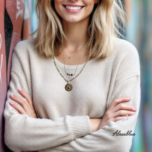 Turquoise Stainless Steel Double-Strand Necklace for Women - Natural Stone, Simple, Layered Look, Adult Casual, Stylish, Hypoallergenic
