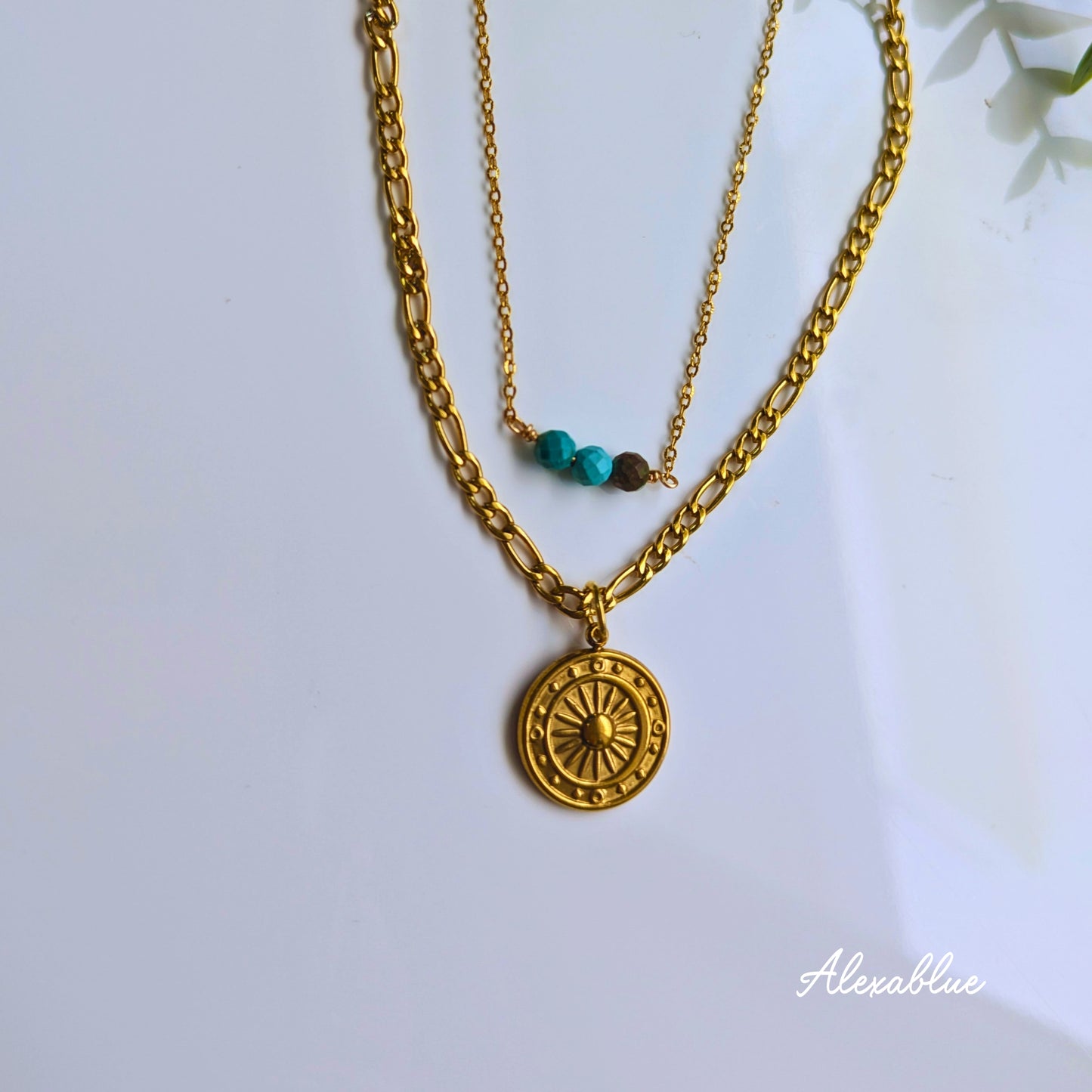 Turquoise Stainless Steel Double-Strand Necklace for Women - Natural Stone, Simple, Layered Look, Adult Casual, Stylish, Hypoallergenic