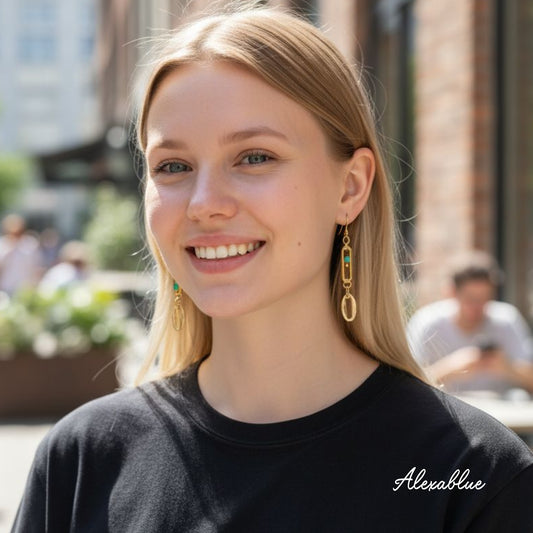 Turquoise Stainless Steel Vertical Chain Earrings for Women, Natural Stone Jewelry, Adult Casual, Simple, Stylish, Hypoallergenic