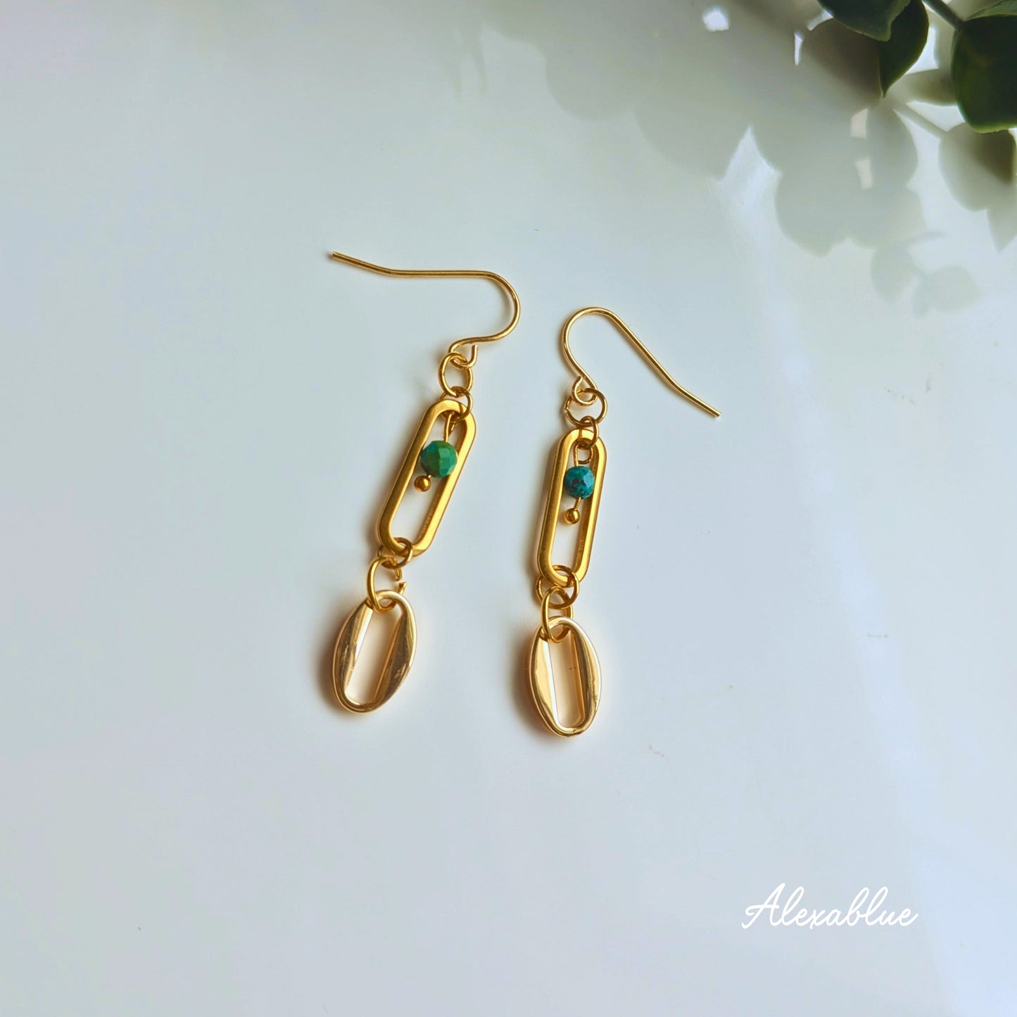 Turquoise Stainless Steel Vertical Chain Earrings for Women, Natural Stone Jewelry, Adult Casual, Simple, Stylish, Hypoallergenic