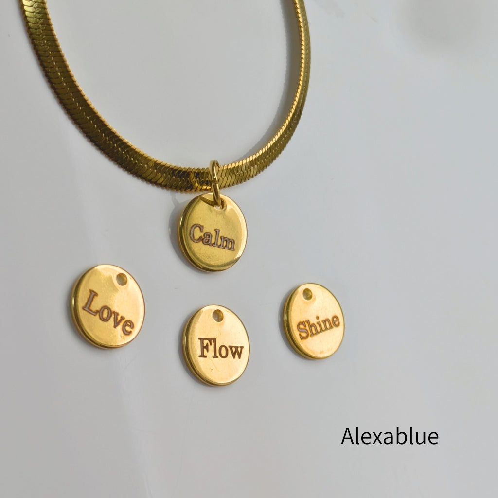 Calm & Glow | Affirmation Charm Necklace (Calm / Flow / Shine / Love) with Turquoise or Onyx, Stainless Steel
