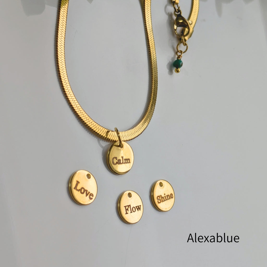 Calm & Glow | Affirmation Charm Necklace (Calm / Flow / Shine / Love) with Turquoise or Onyx, Stainless Steel